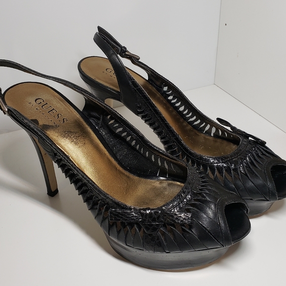 Guess Black Leather Platform Heels Pumps Stiletto Whimsigoth Y2K size 7.5 - Picture 2 of 9